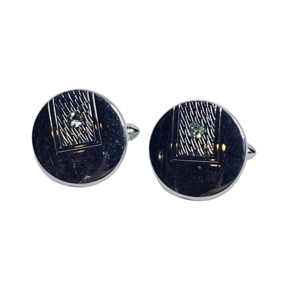 Vintage Swank Round Etched Silver Tone And Rhinestone Cufflinks (994) - Picture 1 of 5